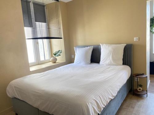 une chambre avec un grand lit blanc avec deux oreillers dans l'établissement Myaka Appartement Wood, à Cholet