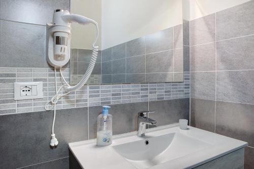 a bathroom with a sink with a blow dryer on it at Agriturismo L'isola del Cavallo 4 in Desco