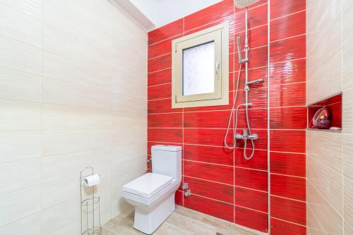 a red bathroom with a toilet and a shower at The Mountain Villa in Aleimmatádes