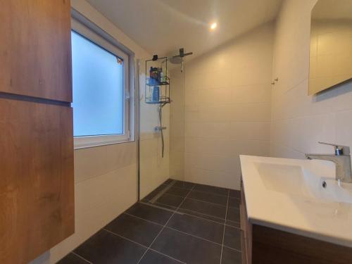 uma casa de banho com um lavatório e uma janela em De Oase - Park de Horn 821 em Dirkshorn