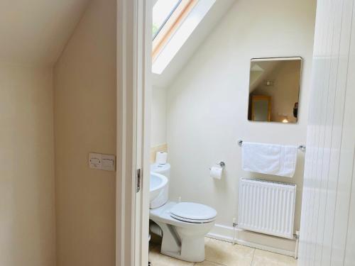 baño con aseo blanco y ventana en Detached 4 bedroom home just 2km from Kenmare, en Kenmare