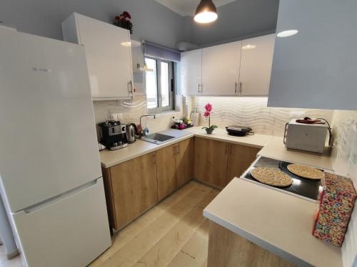 a kitchen with a white refrigerator and wooden cabinets at Marlen House Chania in Chania