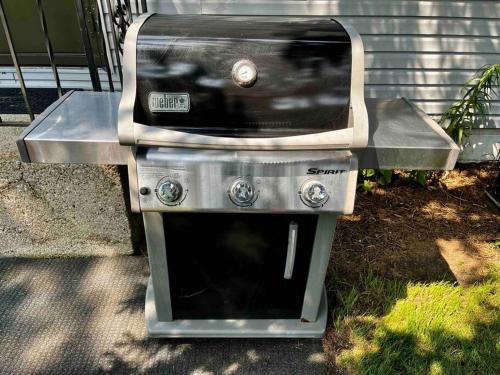 a stove top oven sitting on the ground in the yard at Blue Birdhouse - Indiana Dunes - Pet Friendly in Chesterton