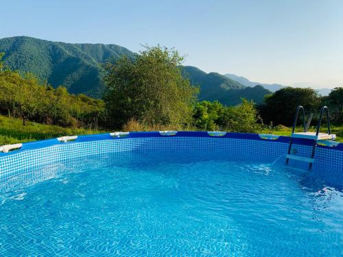 a large blue swimming pool with mountains in the background at Green Camp eco-rural and civil society tourism center 
