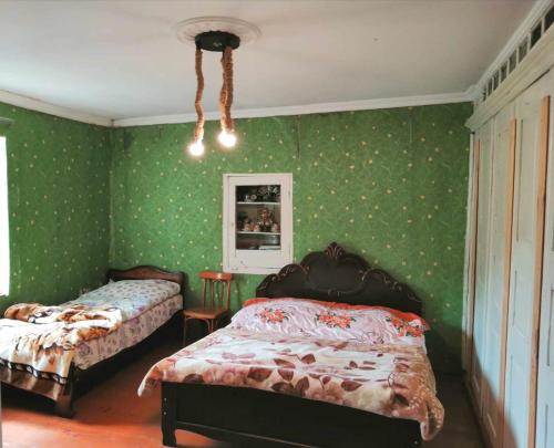 een slaapkamer met 2 bedden en groen behang bij Guesthouse Solomon in Chvibiani