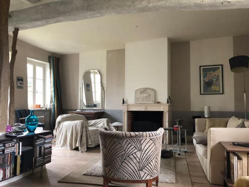 ein Wohnzimmer mit einem Sofa und einem Kamin in der Unterkunft Grande maison avec jardin arboré in Survilliers