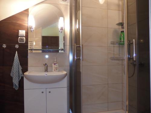 a bathroom with a sink and a shower at Apartament CURIE - studio in Międzyzdroje