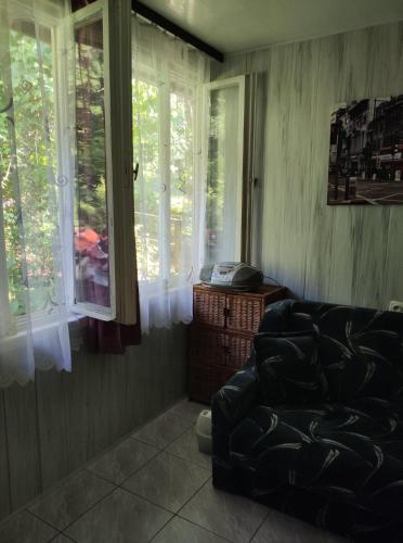 a living room with a couch and a window at Domek Letniskowy Rożnów-Zapora in Rożnów