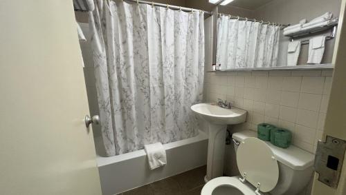 a bathroom with a toilet and a sink at Magnuson Grand Harrisburg in New Cumberland