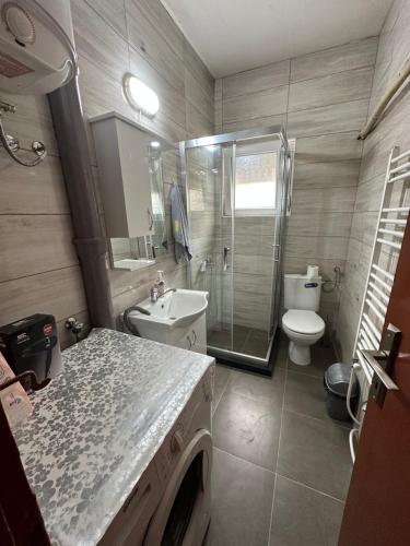 La salle de bains est pourvue d'un lavabo et de toilettes. dans l'établissement Central Apartment, à Strumica