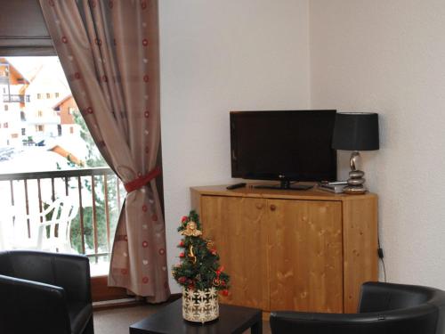 un salon avec une télévision et un arbre de Noël dans l'établissement Studio cabine confort 4 pers, balcon sud, centre de Valloire, proche remontées et loisirs - FR-1-263-380, à Valloire