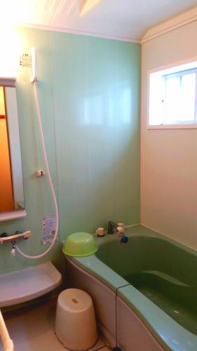 a bathroom with a green tub and a toilet at Yado Seven Beach in Naoshima