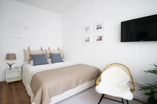 1 dormitorio con 1 cama, TV y silla en Cozy studio in Madrid Rio with backyard-EM-ISA-A2, en Madrid