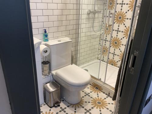 a bathroom with a toilet and a shower at Queens View in London