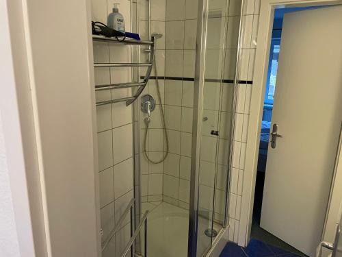 a shower stall with a toilet in a bathroom at Seeblick Wohnung 115 in Ostseebad Koserow