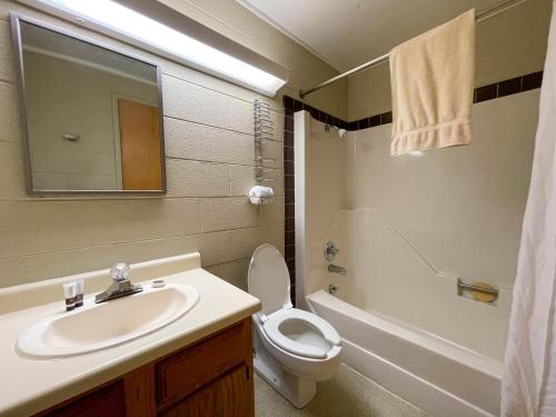 a bathroom with a sink and a toilet and a mirror at Hillside Lodge in Lake Junaluska