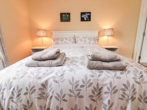 a bedroom with a large bed with two lamps at Meadow View in Ennis