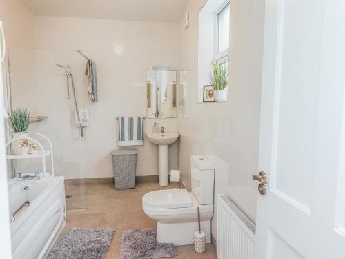 a white bathroom with a toilet and a sink at Meadow View in Ennis