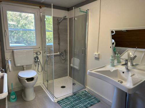 a bathroom with a shower and a sink and a toilet at Agricampeggio Princess in Gagno