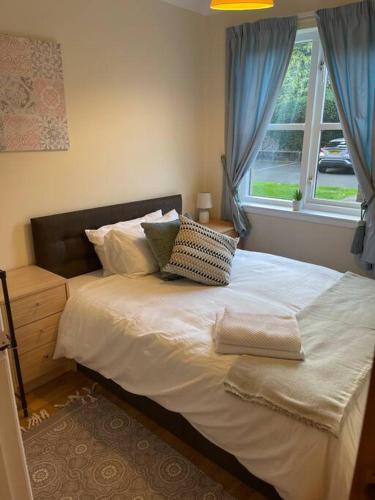 - une chambre avec un lit doté d'oreillers et d'une fenêtre dans l'établissement 2 bed city centre modern flat, à Édimbourg