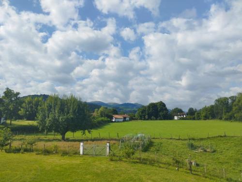 a large green field with a fence and trees at Maison d'hôtes Larraldia in Uhart-Cize