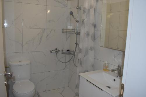 a bathroom with a shower and a toilet and a sink at Anastasias apartments in Sarandë