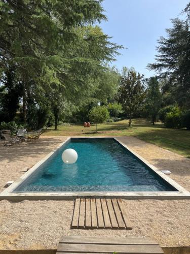 a swimming pool with a frisbee in the water at BoisBolchet Ecolodge-SPA in Bouillargues