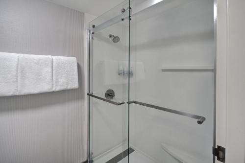 W łazience znajduje się prysznic ze szklanymi drzwiami. w obiekcie Courtyard Columbus Dublin w mieście Dublin
