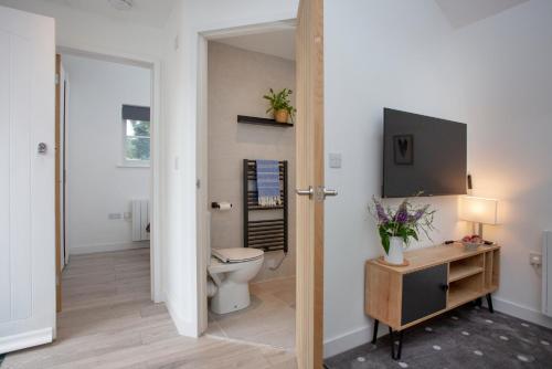 a bathroom with a toilet and a television on a wall at The Hay Loft in Sidmouth