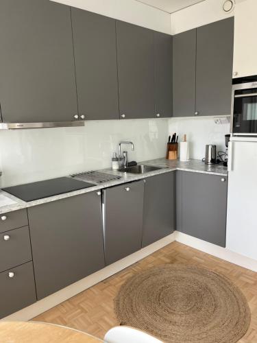 科沃拉的住宿－Apartment Rauha，厨房铺有木地板,配有灰色橱柜。