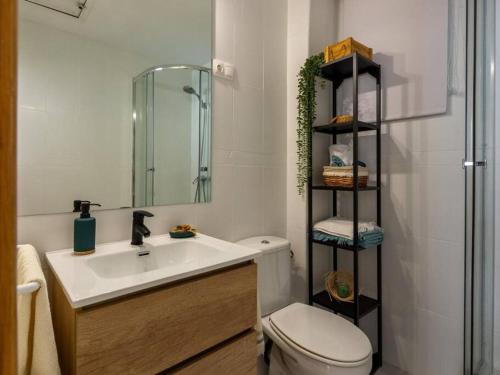 a bathroom with a sink and a toilet and a shower at Nice studio in neighbourhood Ibiza-NARV72 in Madrid