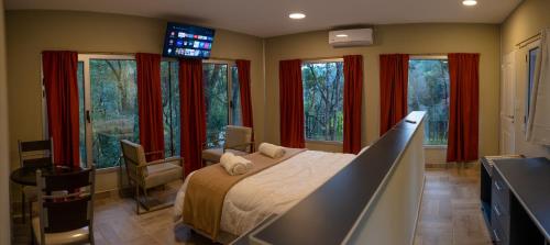 a bedroom with a bed in a room with windows at Eco lodge de la selva in San Salvador de Jujuy
