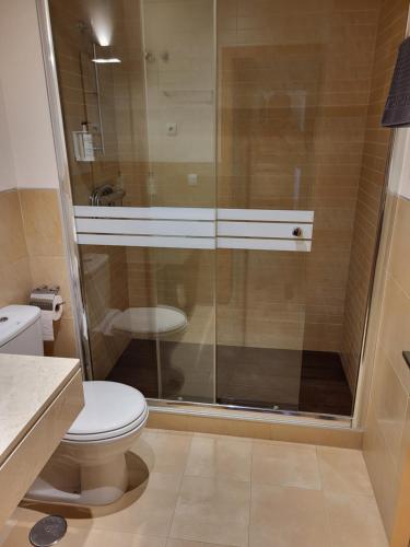 La salle de bains est pourvue de toilettes et d'une douche en verre. dans l'établissement Hacienda de Alamo / Casa Veraneo, à Fuente-Álamo de Murcia