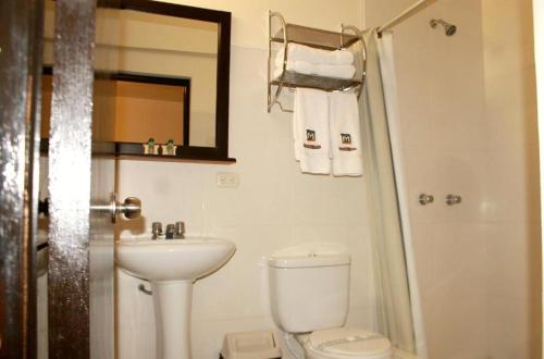 La salle de bains est pourvue de toilettes, d'un lavabo et d'une douche. dans l'établissement Hotel Meflo Chachapoyas, à Chachapoyas