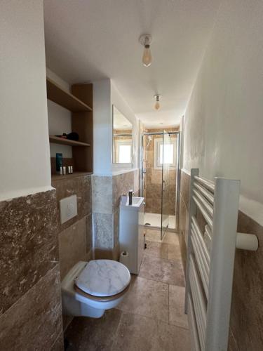 a bathroom with a toilet and a shower at Charmant séjour Marseillais in Marseille