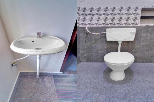 two pictures of a bathroom with a toilet and a sink at Hotel O Royal Residency in Nāmakkal