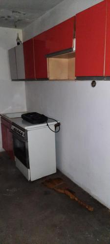 a kitchen with a stove and red cabinets at Гостевой дом Жемчужина in Ochamchira