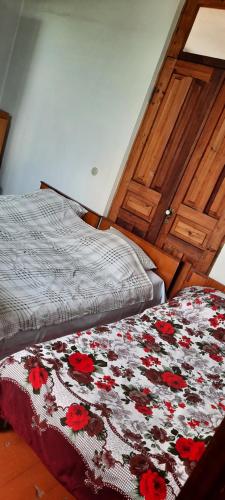 a bedroom with a bed with a blanket with red flowers at Гостевой дом Жемчужина in Ochamchira