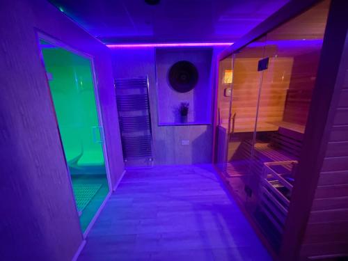 a purple and green room with a walk in shower at Golden Crown exclusive use spa venue in Tarbolton