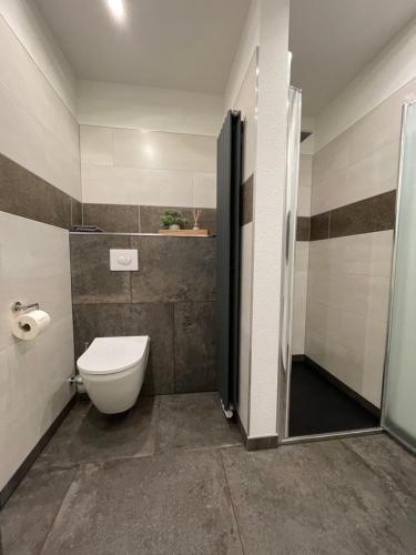 a bathroom with a toilet and a shower at Moderne Ferienwohnungen in Dissen in Dissen