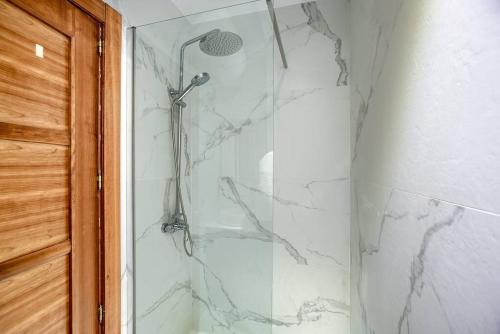 ein Bad mit einer Dusche und einer Glastür in der Unterkunft Apartment in the center of Madrid-COMENDA-1-I in Madrid