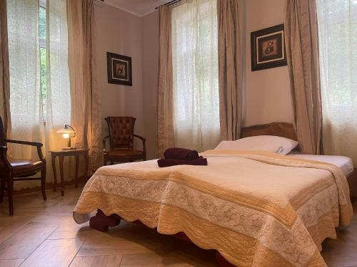 sypialnia z 2 łóżkami, krzesłem i oknami w obiekcie Sunny Bear Bed & Breakfast w Jeleniej Górze