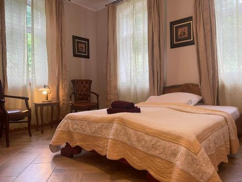 a bedroom with two beds and a chair and windows at Sunny Bear Bed & Breakfast in Jelenia Góra