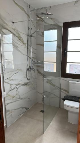 a bathroom with a glass shower with a toilet at El Caleton Sea View Apartment in El Cotillo