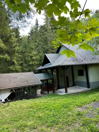 a house with a roof and a grass field at Chalet Látky in Látky