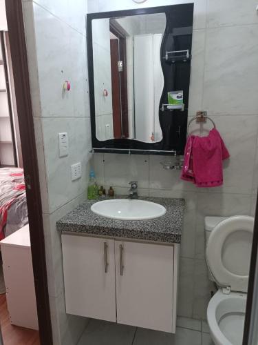 a bathroom with a sink and a mirror and a toilet at Apartment Matisse in Cochabamba