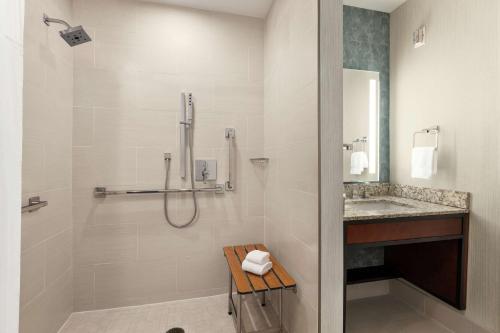 y baño con ducha y lavamanos. en Hilton Garden Inn Carlsbad Beach, en Carlsbad