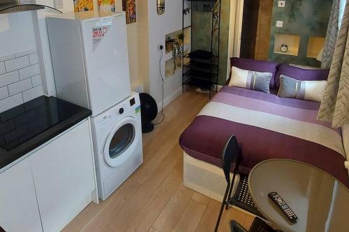 a small room with a bed and a washing machine at Quiet and cozy studio in Hendon