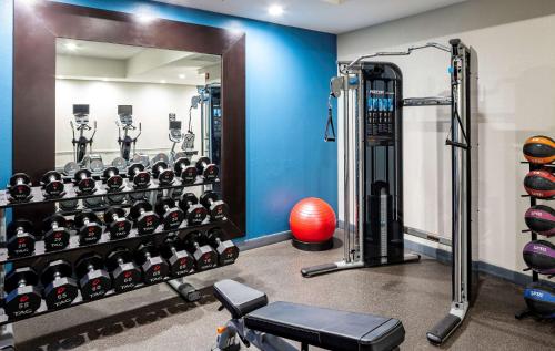 a gym with a wall of equipment and a mirror at Hampton Inn Austin Round Rock in Round Rock