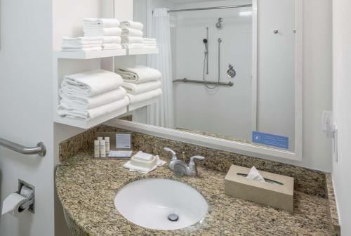 a bathroom with a sink and a mirror and towels at Hampton Inn Austin Round Rock in Round Rock